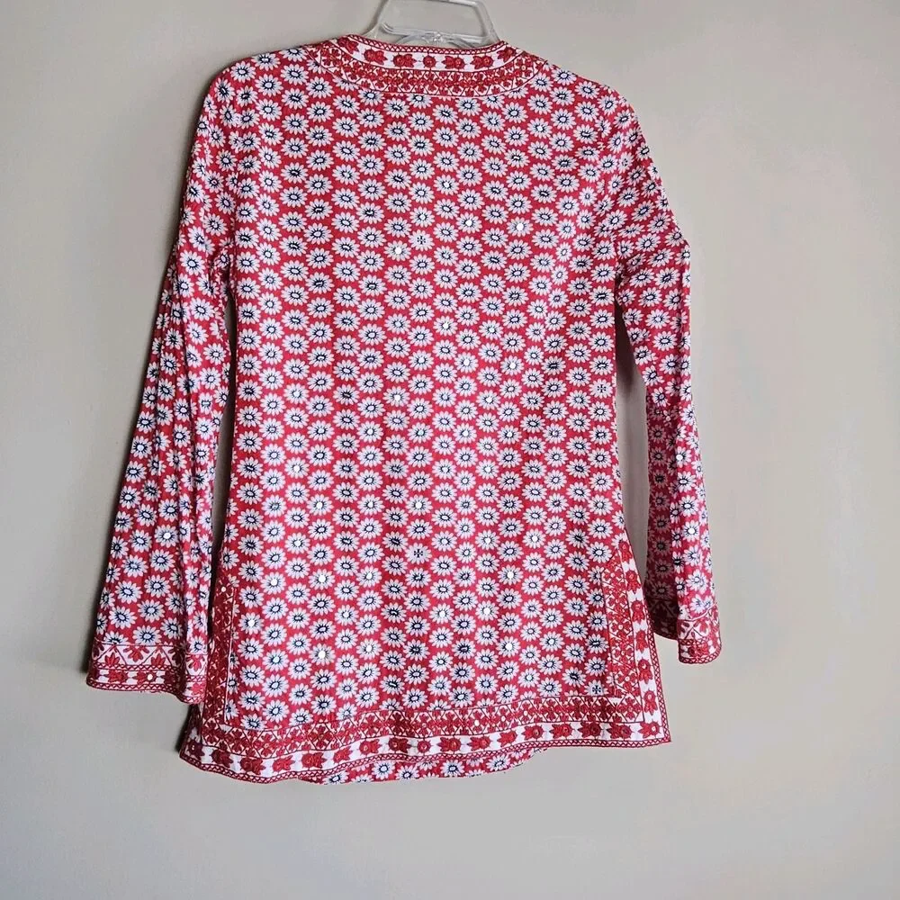 Tory Burch Jayne Nantucket Red Daisy Floral Embroidered Cotton Tunic Womens Sz 2